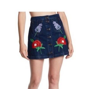 Topshop Embroidered Floral Button down Denim Skirt